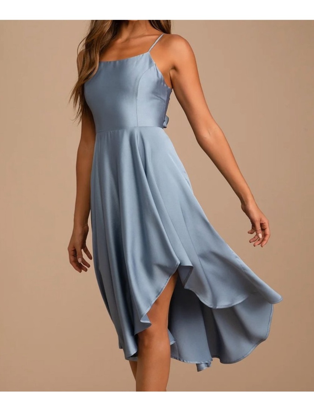 Lulu’s Dusty Blue Satin High-Low Spaghetti Strap Dress Bow Tie Open Back XXS